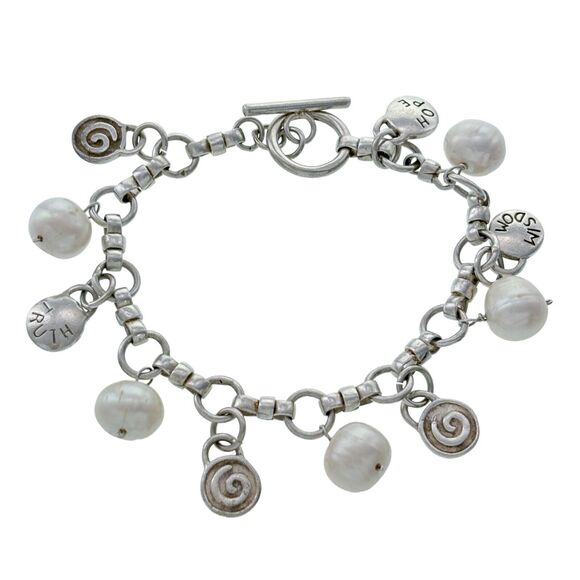 Vintage Sterling Silver 925 Pearls and Spiral Inspirational Charm Bracelet 7.25" - Picture 1 of 5